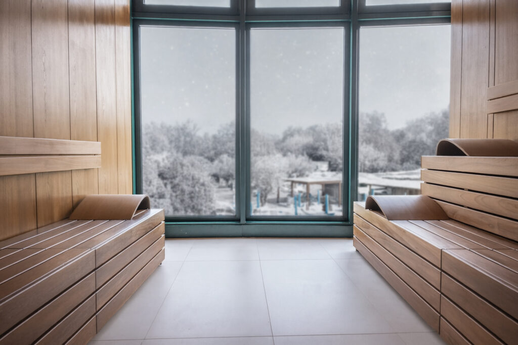 sauna hotel terme atlantic con sfondo innevato